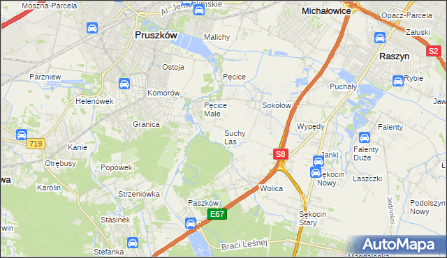 mapa Suchy Las gmina Michałowice, Suchy Las gmina Michałowice na mapie Targeo