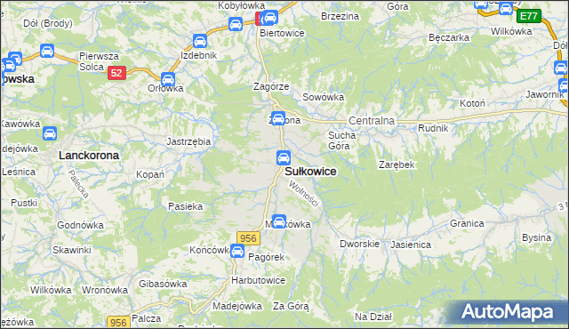 mapa Sułkowice powiat myślenicki, Sułkowice powiat myślenicki na mapie Targeo