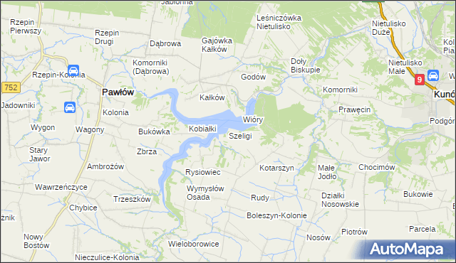 mapa Szeligi gmina Pawłów, Szeligi gmina Pawłów na mapie Targeo