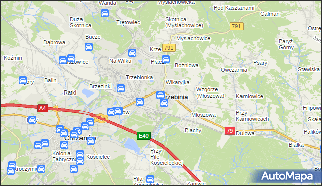 mapa Trzebinia powiat chrzanowski, Trzebinia powiat chrzanowski na mapie Targeo