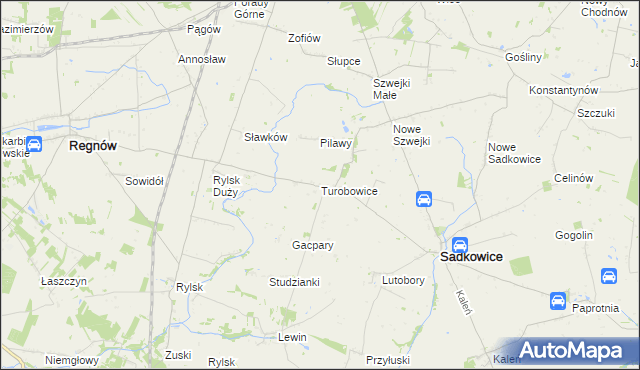 mapa Turobowice gmina Sadkowice, Turobowice gmina Sadkowice na mapie Targeo