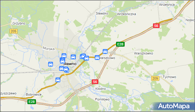 mapa Warszkowo gmina Sławno, Warszkowo gmina Sławno na mapie Targeo