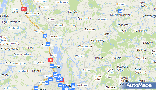mapa Witanowice gmina Tomice, Witanowice gmina Tomice na mapie Targeo