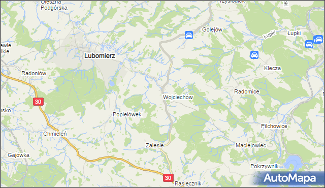 mapa Wojciechów gmina Lubomierz, Wojciechów gmina Lubomierz na mapie Targeo