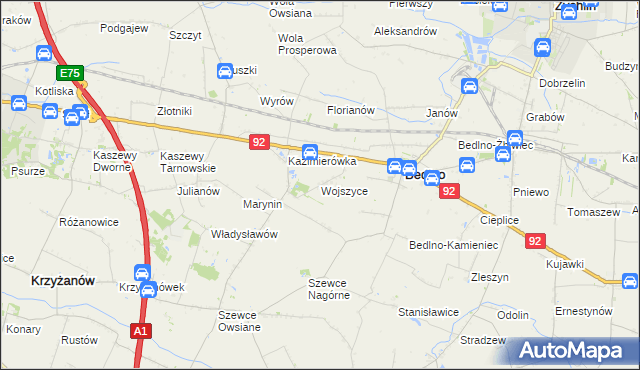 mapa Wojszyce gmina Bedlno, Wojszyce gmina Bedlno na mapie Targeo