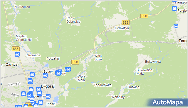 mapa Wola Duża gmina Biłgoraj, Wola Duża gmina Biłgoraj na mapie Targeo
