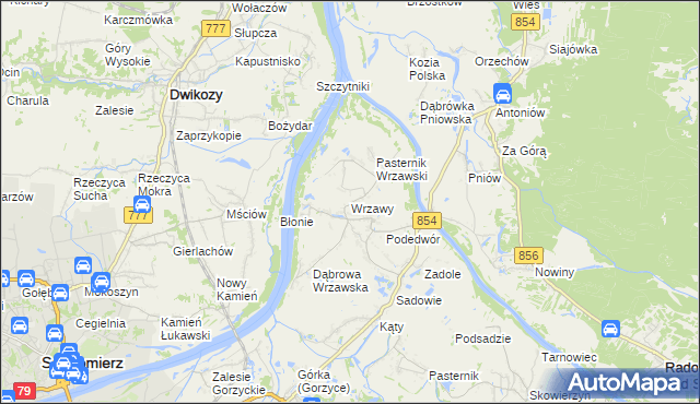 mapa Wrzawy gmina Gorzyce, Wrzawy gmina Gorzyce na mapie Targeo