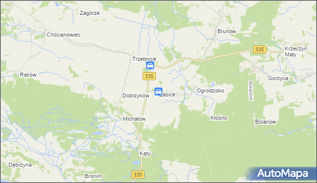 mapa Żabice gmina Chocianów, Żabice gmina Chocianów na mapie Targeo