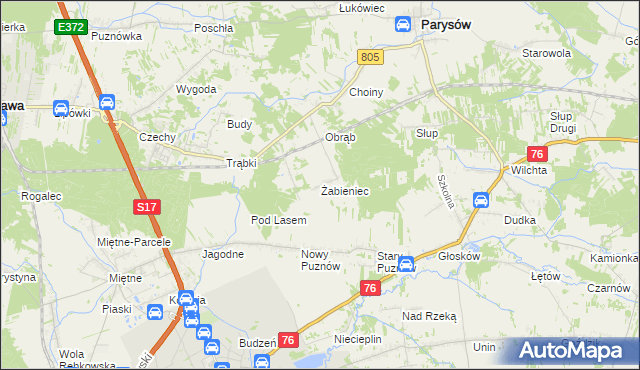 mapa Żabieniec gmina Parysów, Żabieniec gmina Parysów na mapie Targeo