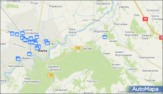 mapa Zakrzew gmina Grabów nad Pilicą, Zakrzew gmina Grabów nad Pilicą na mapie Targeo