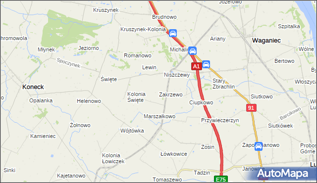 mapa Zakrzewo gmina Waganiec, Zakrzewo gmina Waganiec na mapie Targeo