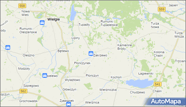 mapa Zakrzewo gmina Wielgie, Zakrzewo gmina Wielgie na mapie Targeo