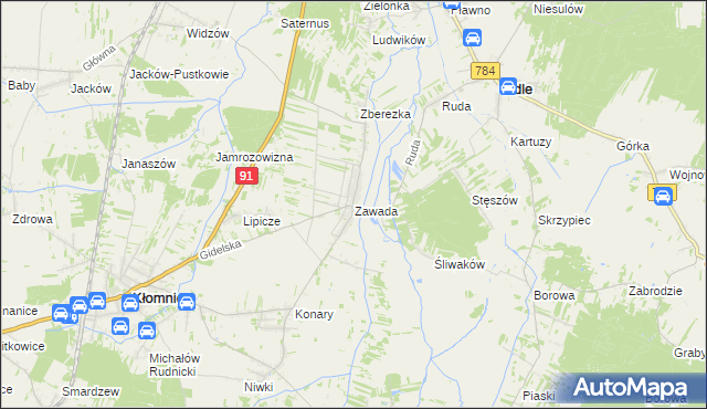 mapa Zawada gmina Kłomnice, Zawada gmina Kłomnice na mapie Targeo