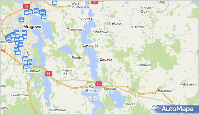 mapa Zawada gmina Mrągowo, Zawada gmina Mrągowo na mapie Targeo