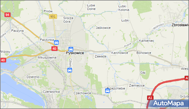 mapa Zawada gmina Zbrosławice, Zawada gmina Zbrosławice na mapie Targeo