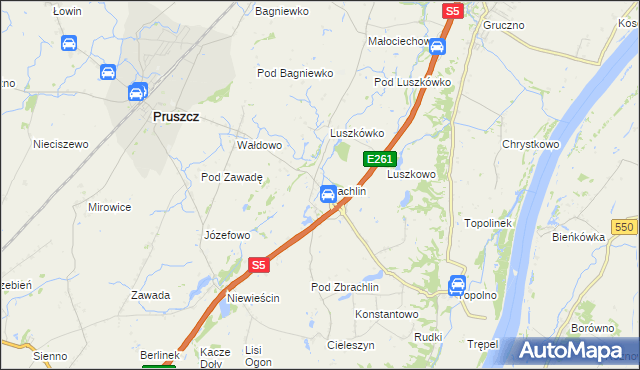 mapa Zbrachlin gmina Pruszcz, Zbrachlin gmina Pruszcz na mapie Targeo