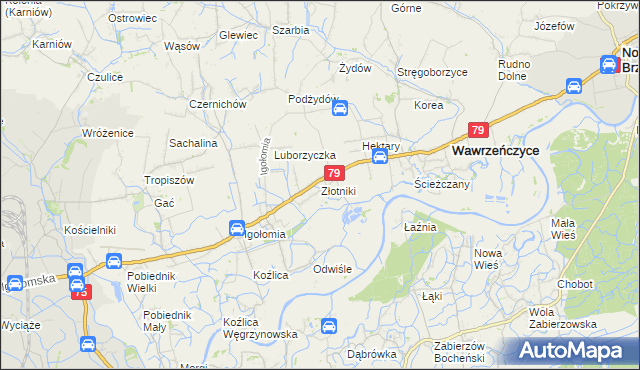 mapa Złotniki gmina Igołomia-Wawrzeńczyce, Złotniki gmina Igołomia-Wawrzeńczyce na mapie Targeo