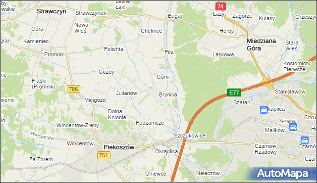 mapa Brynica gmina Piekoszów, Brynica gmina Piekoszów na mapie Targeo