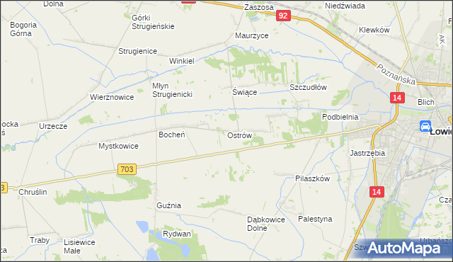 mapa Ostrów gmina Łowicz, Ostrów gmina Łowicz na mapie Targeo