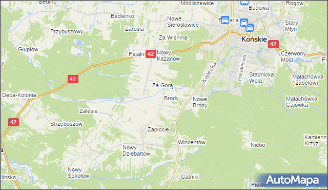 mapa Brody gmina Końskie, Brody gmina Końskie na mapie Targeo