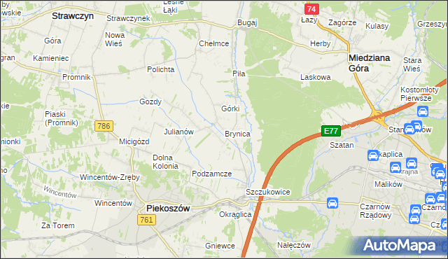mapa Brynica gmina Piekoszów, Brynica gmina Piekoszów na mapie Targeo