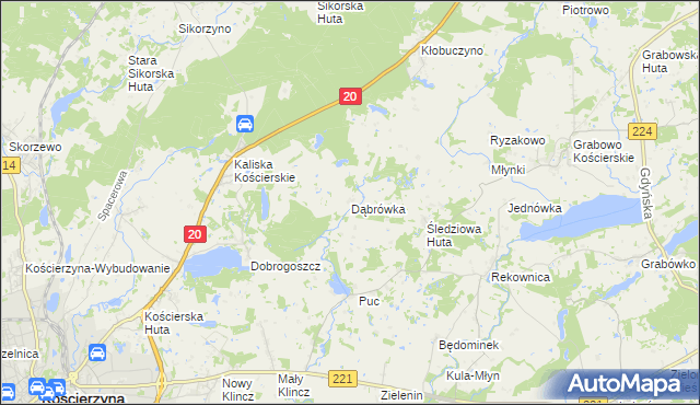 mapa Dąbrówka gmina Kościerzyna, Dąbrówka gmina Kościerzyna na mapie Targeo