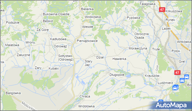 mapa Dział gmina Czarny Dunajec, Dział gmina Czarny Dunajec na mapie Targeo