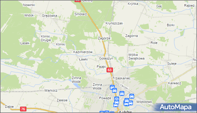 mapa Gołaszyn gmina Łuków, Gołaszyn gmina Łuków na mapie Targeo