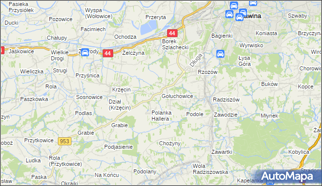 mapa Gołuchowice gmina Skawina, Gołuchowice gmina Skawina na mapie Targeo