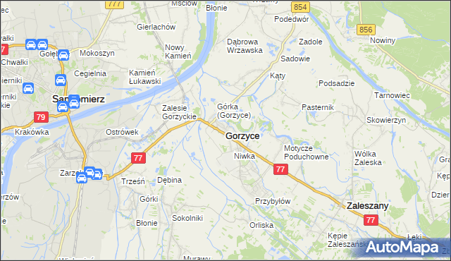 mapa Gorzyce powiat tarnobrzeski, Gorzyce powiat tarnobrzeski na mapie Targeo