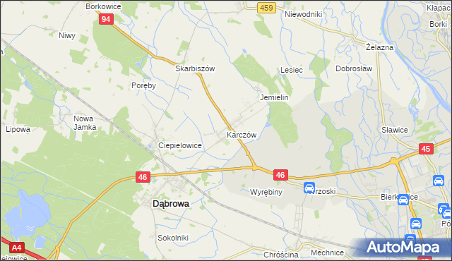 mapa Karczów gmina Dąbrowa, Karczów gmina Dąbrowa na mapie Targeo
