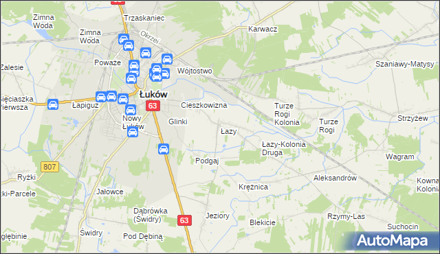 mapa Łazy gmina Łuków, Łazy gmina Łuków na mapie Targeo