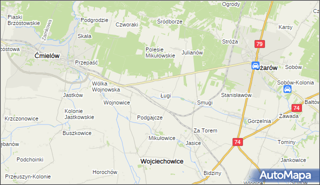 mapa Ługi gmina Wojciechowice, Ługi gmina Wojciechowice na mapie Targeo