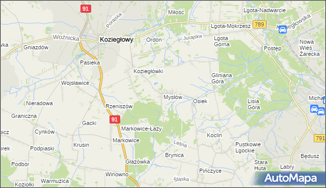 mapa Mysłów gmina Koziegłowy, Mysłów gmina Koziegłowy na mapie Targeo