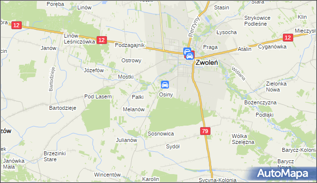 mapa Osiny gmina Zwoleń, Osiny gmina Zwoleń na mapie Targeo