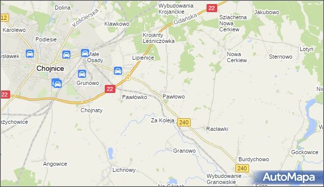 mapa Pawłowo gmina Chojnice, Pawłowo gmina Chojnice na mapie Targeo