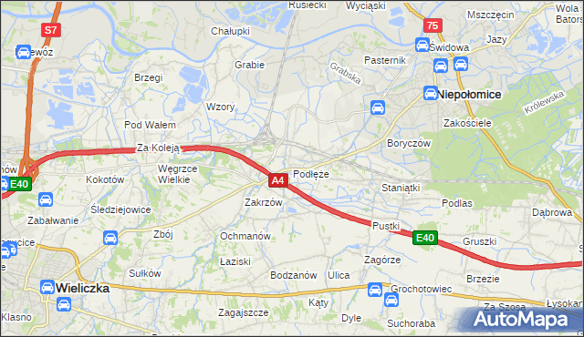 mapa Podłęże gmina Niepołomice, Podłęże gmina Niepołomice na mapie Targeo