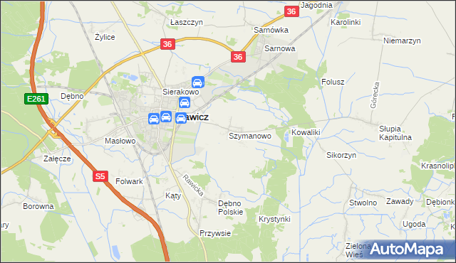 mapa Szymanowo gmina Rawicz, Szymanowo gmina Rawicz na mapie Targeo