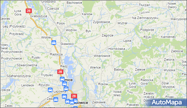 mapa Witanowice gmina Tomice, Witanowice gmina Tomice na mapie Targeo
