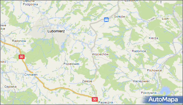 mapa Wojciechów gmina Lubomierz, Wojciechów gmina Lubomierz na mapie Targeo