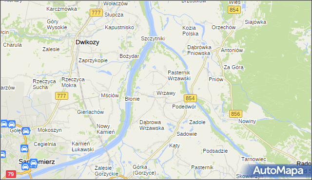 mapa Wrzawy gmina Gorzyce, Wrzawy gmina Gorzyce na mapie Targeo