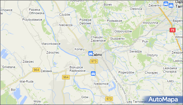mapa Żabno powiat tarnowski, Żabno powiat tarnowski na mapie Targeo