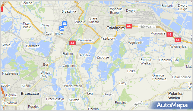 mapa Zaborze gmina Oświęcim, Zaborze gmina Oświęcim na mapie Targeo