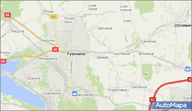 mapa Zawada gmina Zbrosławice, Zawada gmina Zbrosławice na mapie Targeo