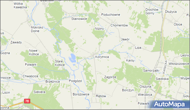 mapa Korytnica gmina Sobków, Korytnica gmina Sobków na mapie Targeo