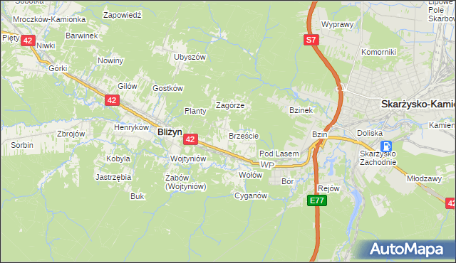 mapa Brzeście gmina Bliżyn, Brzeście gmina Bliżyn na mapie Targeo