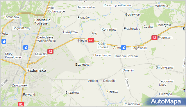 mapa Florentynów gmina Kodrąb, Florentynów gmina Kodrąb na mapie Targeo