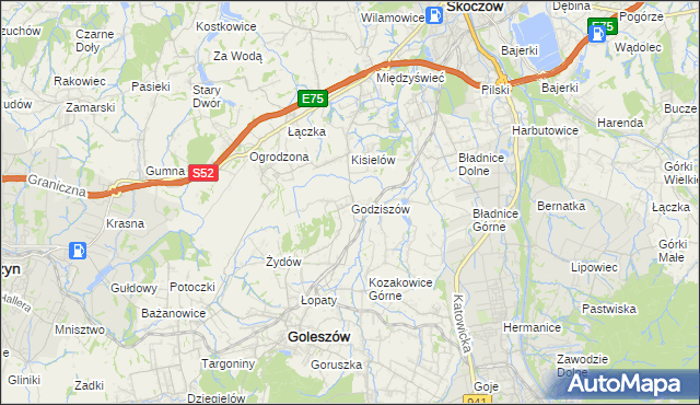 mapa Godziszów gmina Goleszów, Godziszów gmina Goleszów na mapie Targeo