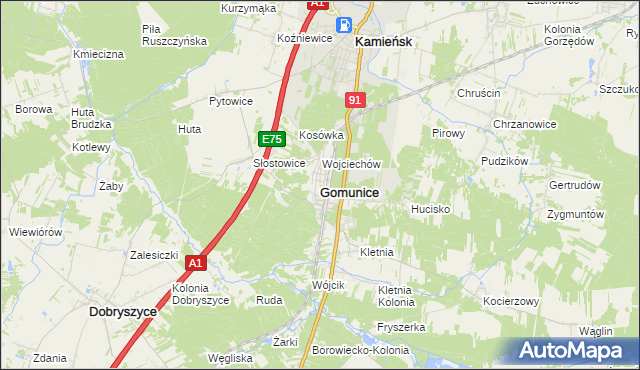 mapa Gomunice, Gomunice na mapie Targeo