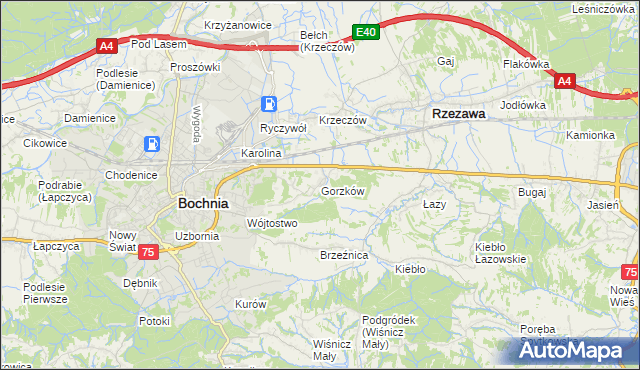 mapa Gorzków gmina Bochnia, Gorzków gmina Bochnia na mapie Targeo